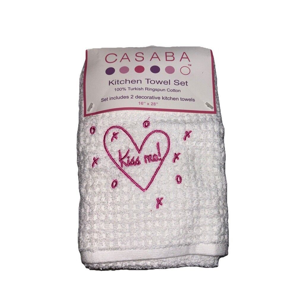 CASABA Kitchen Towel Set Of 2 Turkish Cotton White Pink Kiss Me! Embroidered